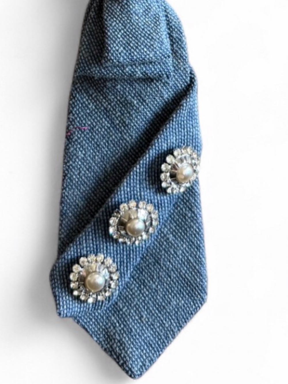Re-Styled Vintage Denim Look Necktie Necklace, Rhinestones, Removable Chain - Picture 3 of 5